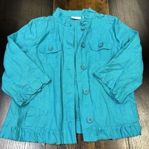 Chicos Womens Size 2 (Large 12) Teal Linen Blend Ruffle Trim Open Front‎ Blazer